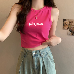 甜辣妹短款吊带小上衣ins女款夏季玫红色显白修身重磅背心t恤ins