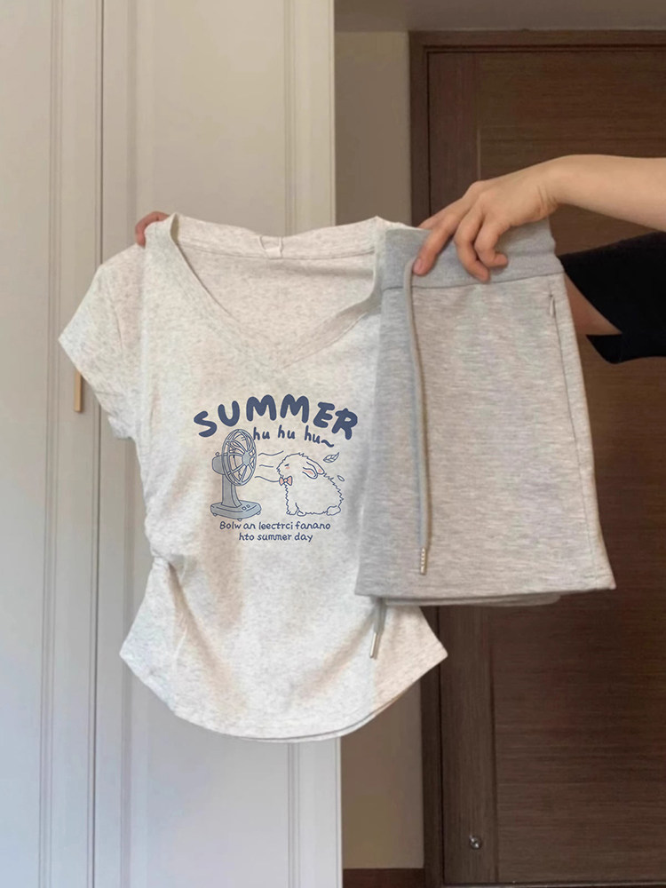 白灰色修身显瘦短袖t恤女生v领正肩抽褶短款上衣2026夏季新款爆款