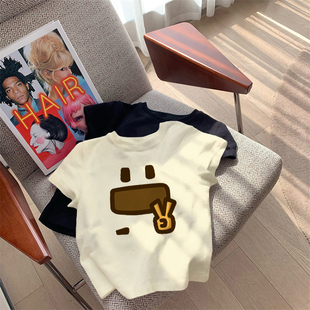 洋气减龄chic短袖上衣女生重磅棉正肩修身甜辣妹风短款t恤衫夏季