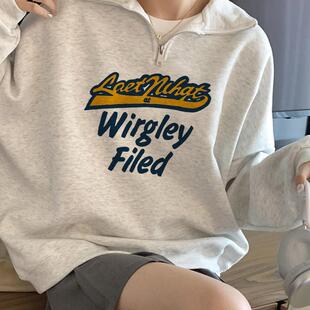 秋冬装宽松外套女生超火polo领小众不撞款流行加绒加厚半拉链卫衣