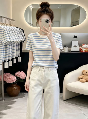 休闲百搭蓝色条纹正肩短袖t恤女夏季独特别致小个子简约圆领上衣