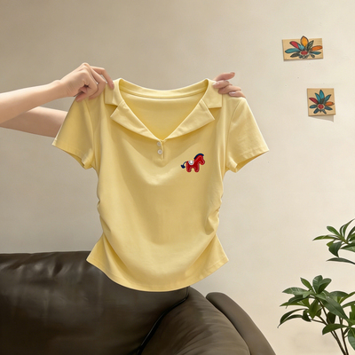 多巴胺黄色polo领短袖T恤女夏季