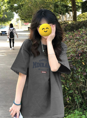 高级感深灰色体恤上衣重磅纯棉正肩宽松短袖t恤女生2026夏季新款
