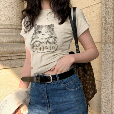 正肩短款修身棉短袖女夏季小众