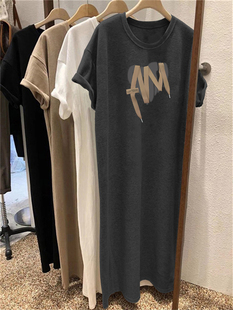 休闲中长款 棉短袖 宽松大码 韩版 过膝连衣裙子 遮肚子t恤裙女士夏季