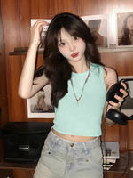 A popular letter-printed top for women, a summer rose red heavy cotton slimming and form-fitting short halter top T-shirt thumbnail 2