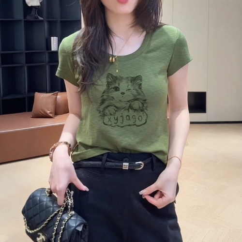 绿色正肩u领短袖t恤女夏季小个子