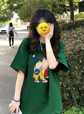纯棉宽松短袖t恤女生夏季墨绿色