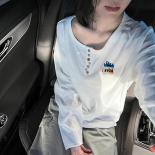 小个子宽松百搭打底上衣女2025秋季新款韩系chic别致纽扣长袖t恤