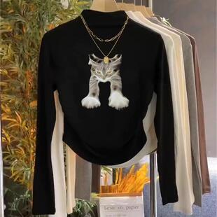 甜酷风德绒短款打底衫女生秋冬黑色小猫印花半高领修身t恤上衣潮