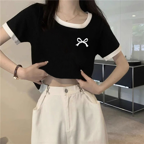 黑色修身撞色短袖t恤女夏季
