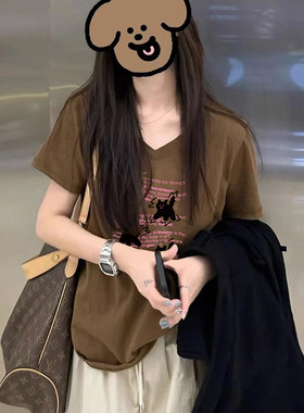 时尚v领棉宽松短袖女夏季棕色