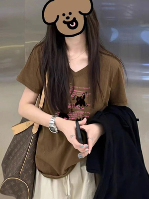 时尚v领棉宽松短袖女夏季棕色