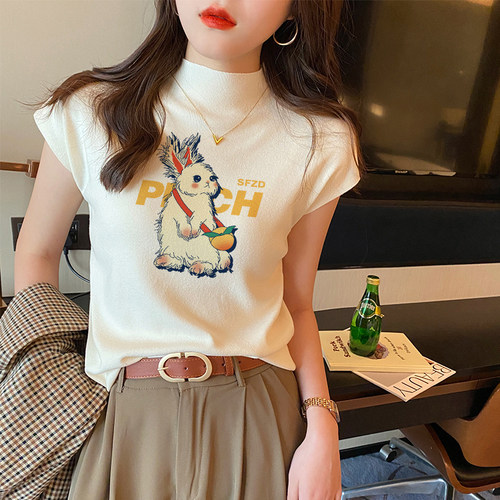 美式辣妹半高领兔子印花短袖t恤