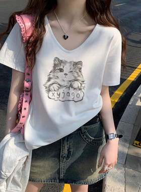 白色棉t恤小上衣女生2026年夏季新款超火v领猫咪印花正肩显瘦短袖