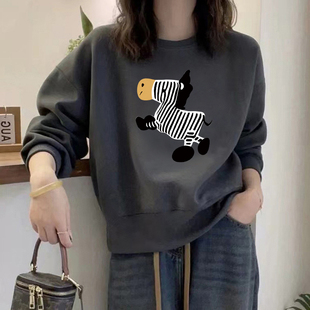 深灰色显白宽松卫衣女款秋冬超火设计感小众圆领短款加绒加厚外套