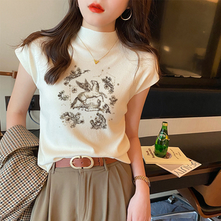超好看半高领短袖t恤女夏季美式辣妹坎肩小飞袖中领内搭针织上衣