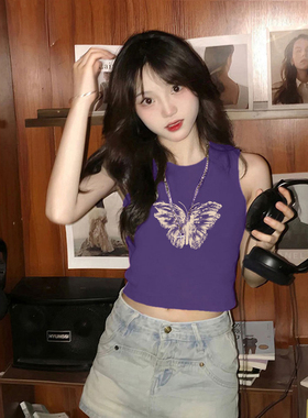 时尚chic蝴蝶印花背心t恤夏季多巴胺紫色修身短款吊带无袖上衣女