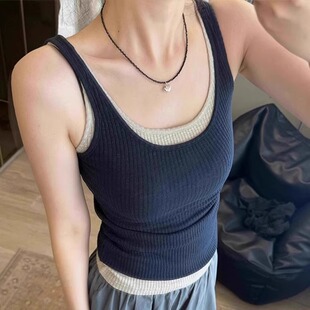 美式 夏季 显身材针织无袖 上衣 辣妹假两件遮副乳宽肩带吊带背心女款