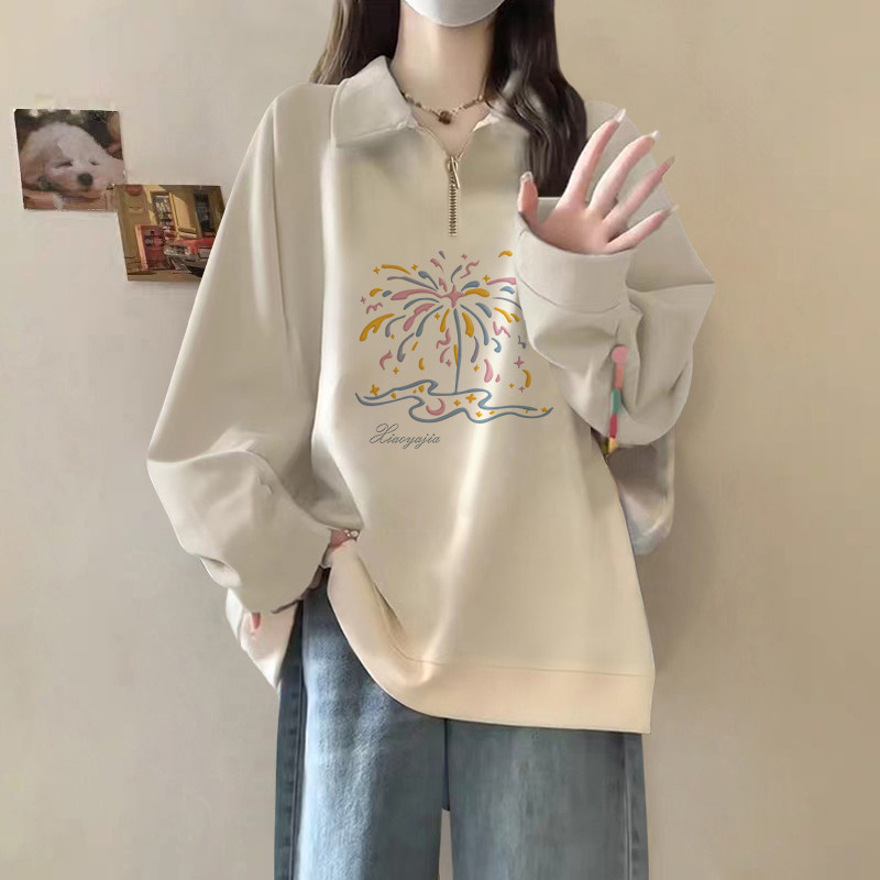 美式oversize半拉链卫衣女款秋冬宽松大码学生加绒加厚polo领外套