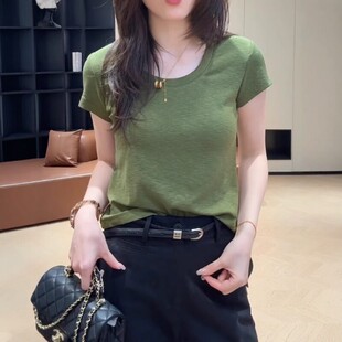 多巴胺绿色u领正肩短袖t恤女款夏季高级感宽松显瘦体恤雪花棉上衣