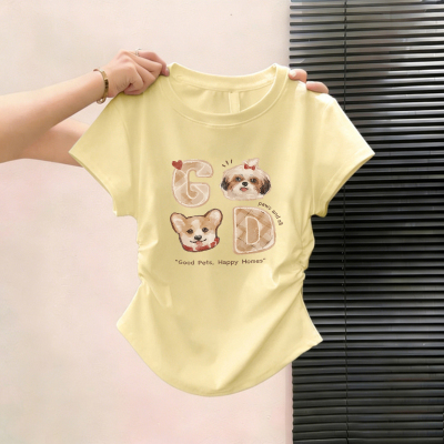 黄色卡通印花正肩短袖T恤女夏季