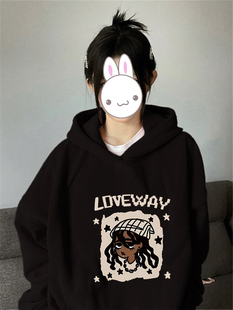 冷淡系甜酷黑色加绒加厚卫衣女秋冬宽松韩版连帽高级感超好看外套