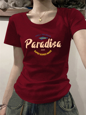 酒红色高端棉短袖修身t恤女夏