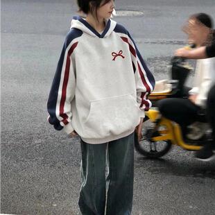 小众不撞款宽松连帽卫衣秋冬潮流chic白灰色撞色外套加绒加厚女款