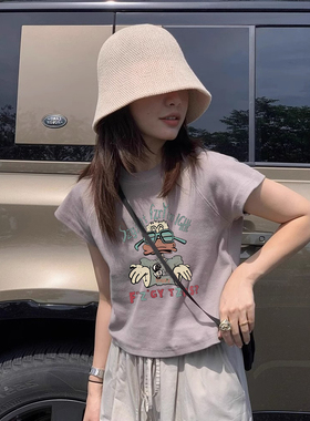 时尚紫色修身短袖t恤衫夏季重磅棉正肩短款上衣女生小众不撞款ins