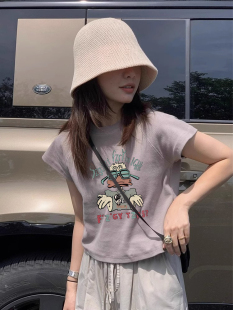 时尚紫色修身短袖t恤衫夏季重磅棉正肩短款上衣女生小众不撞款ins