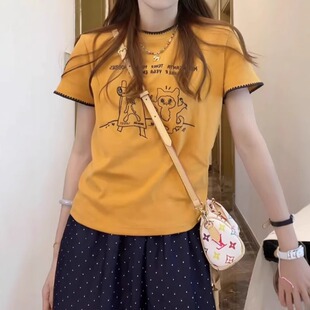 棉高级感卡通印花短袖t恤女夏季爆款正肩显瘦炸街别致绝美上衣ins