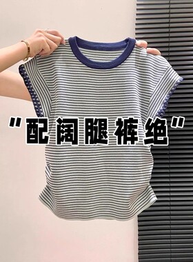 美式复古条纹正肩短袖t恤女夏季