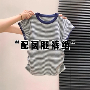 独特别致显瘦小飞袖 美式 新款 t恤女2026夏季 上衣 复古条纹正肩短袖