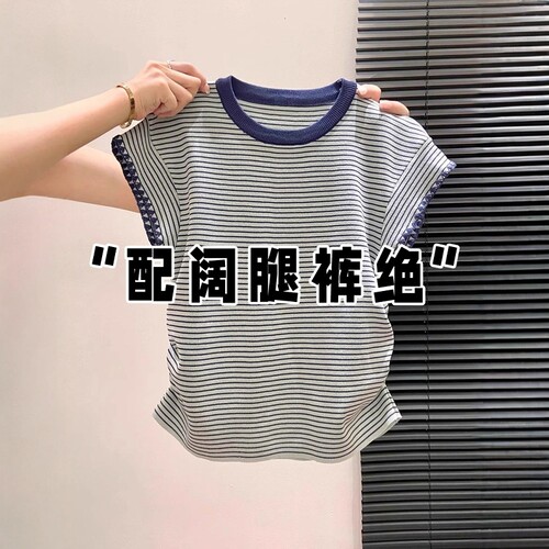 美式复古条纹正肩短袖t恤女夏季