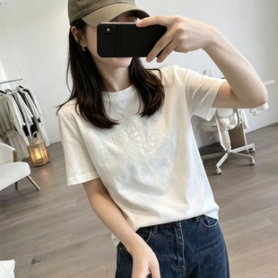 韩版白色刺绣花朵短袖t恤女夏季宽松休闲减龄正肩薄款雪花棉上衣