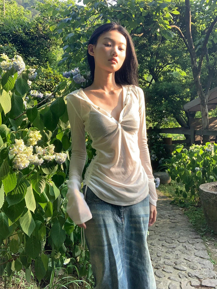 辣妹v领连帽防晒衣女款夏季薄纱长袖罩衫修身微透t恤褶皱抽绳上衣