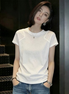 时尚简约设计感白色正肩短袖t恤女夏季宽松百搭显瘦洋气减龄上衣