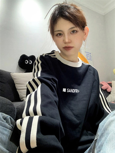 欧货oversize卫衣加绒加厚女秋冬韩版宽松三条杠外套2026新款爆款