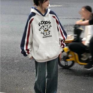 秋冬流行chic卫衣超火小众不撞款银狐绒连帽撞色宽松显瘦外套女款