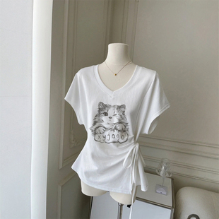 甜辣可爱猫咪印花V领短袖 清纯系松弛感绑带显瘦正肩上衣 t恤女夏季