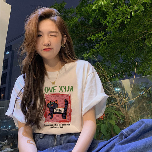 白色棉印花短袖t恤女夏季上衣