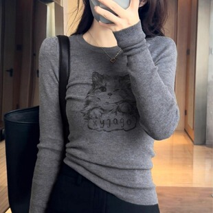 chic辣妹上衣高级感正肩长袖 美式 T恤女潮 内搭打底衫 2026秋冬新款