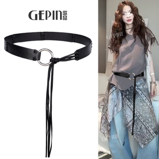 复古真皮宽腰带配饰女流苏编织黑色皮带腰部打结装饰配裙子牛仔裤