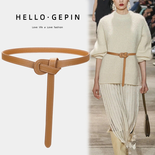 2025新款 饰大毛衣配连衣裙西装 百搭棕色皮带 打结装 真皮细腰带女款
