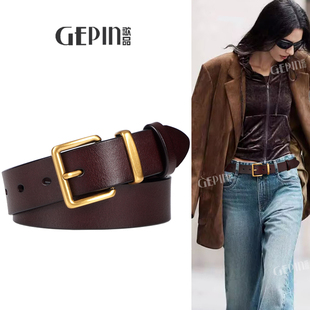 休闲小众设计高级感百搭皮带 饰配牛仔裤 复古美式 咖色真皮腰带女装