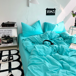 花田小汐 知更鸟蛋蓝 纯色高级感纯棉水洗棉四件套全棉床单床笠款