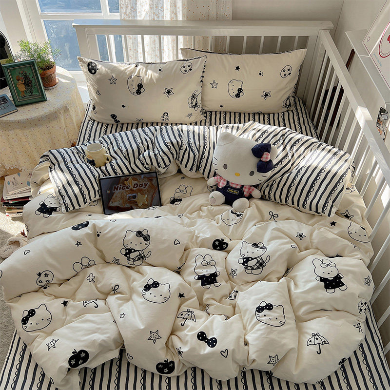 花田小汐 黑白Kitty 可爱卡通纯棉四件套全棉床单被套宿舍三件套4