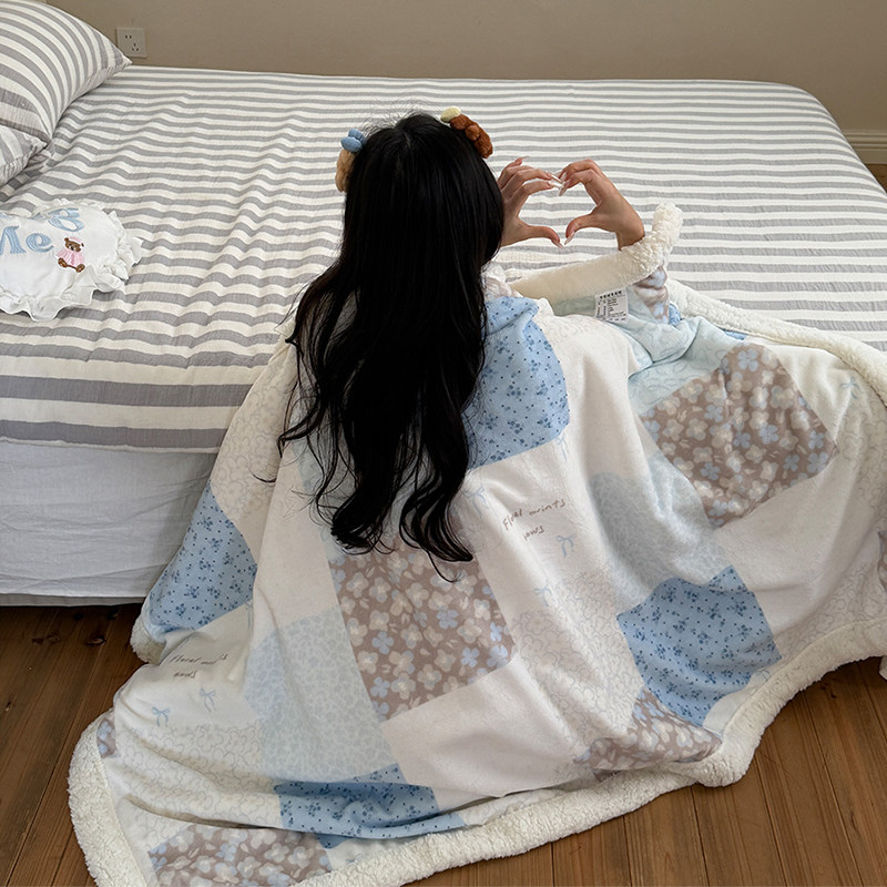 花田小汐 蓝星花 秋冬保暖加厚双层牛奶绒羊羔绒毛毯午睡毯沙发毯
