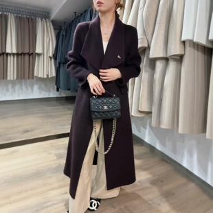 高级感禄色羊驼双面呢大衣女2026新款过膝长款大翻领双面羊绒外套